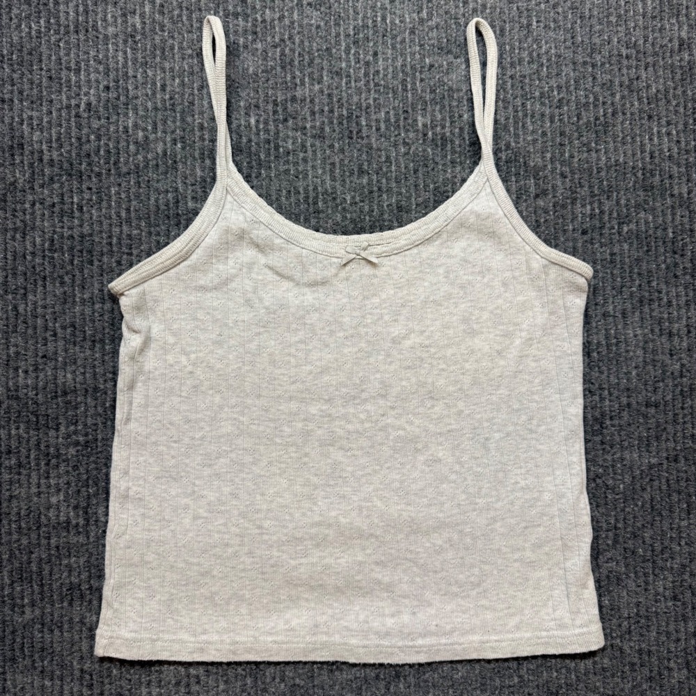 Brandy Melville Women Grey Pointelle Ribbed Cami Tank Top Bow Detail One Size